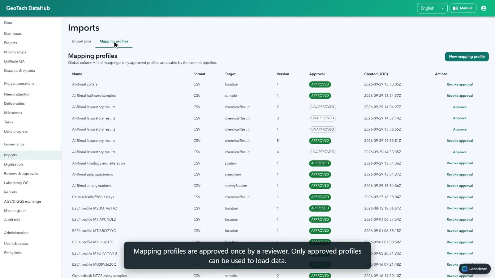 DataHub mapping profiles with approval status.
