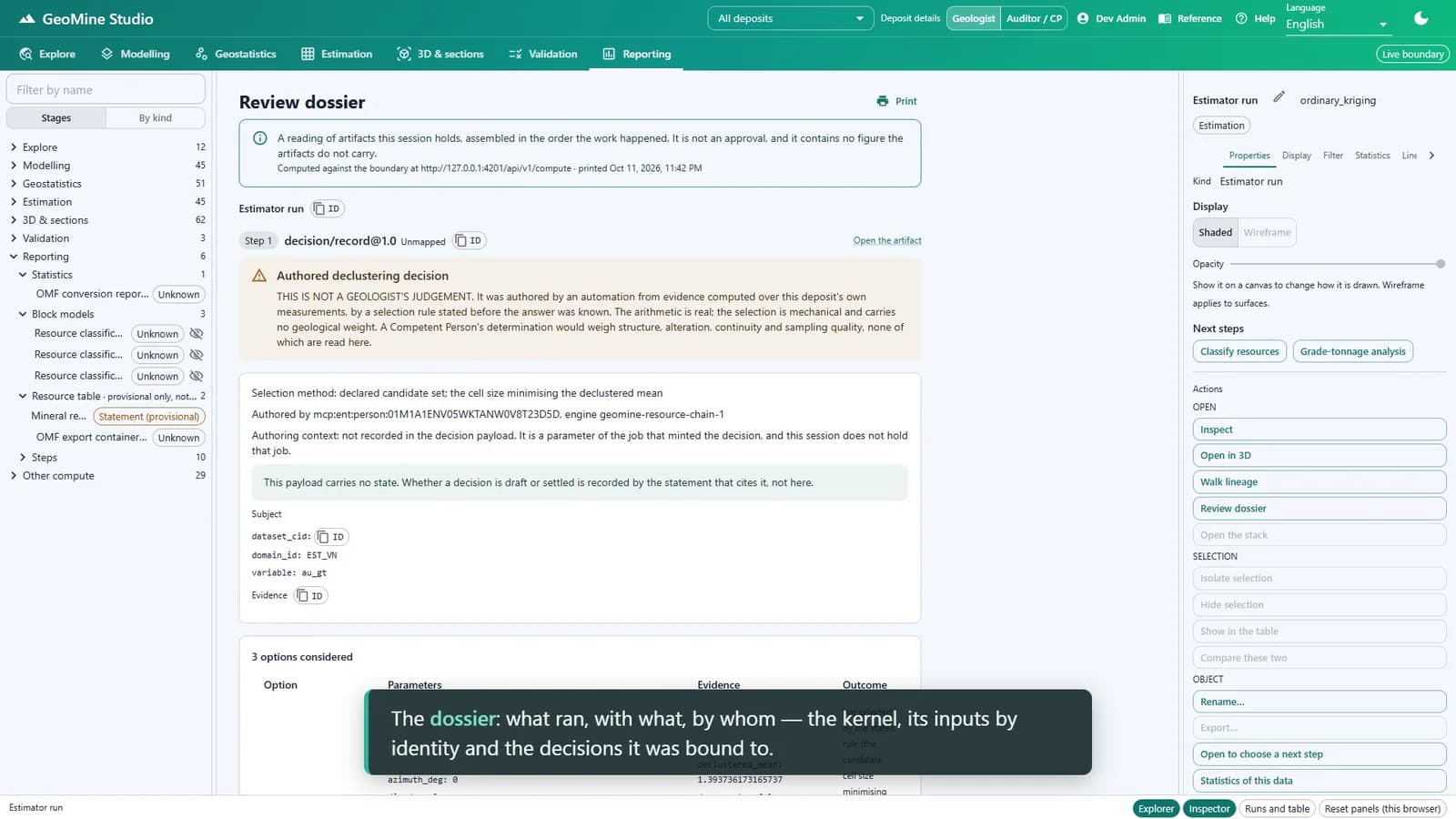 GeoMine Studio review dossier listing the run, its inputs and its recorded decisions.