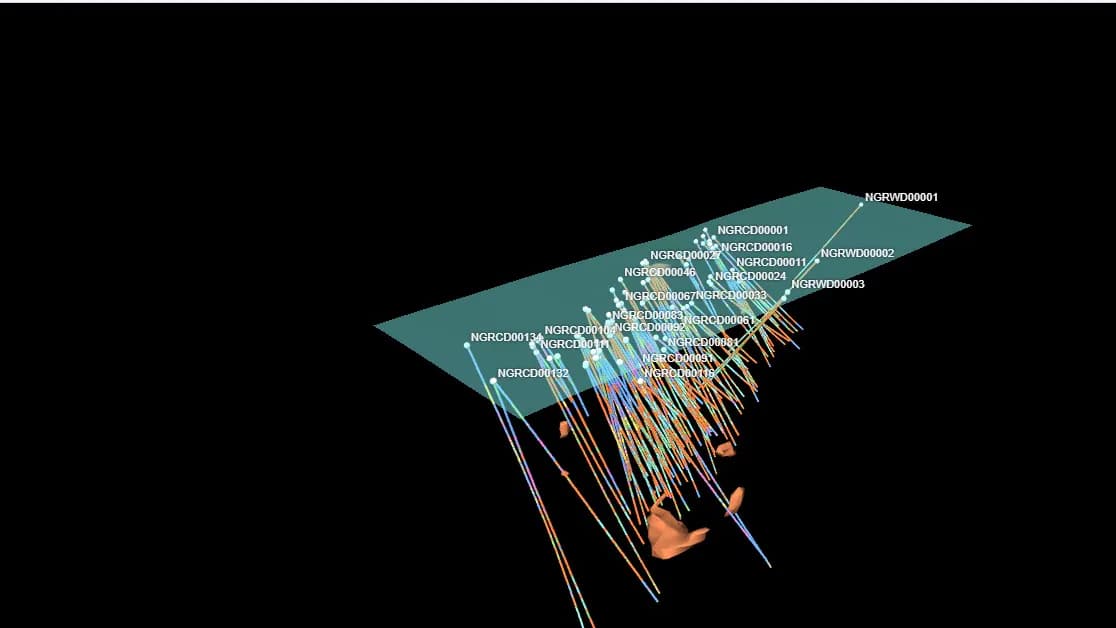 GeoMine Studio 3D view of an interpolated ground surface above drillholes and a vein shell.