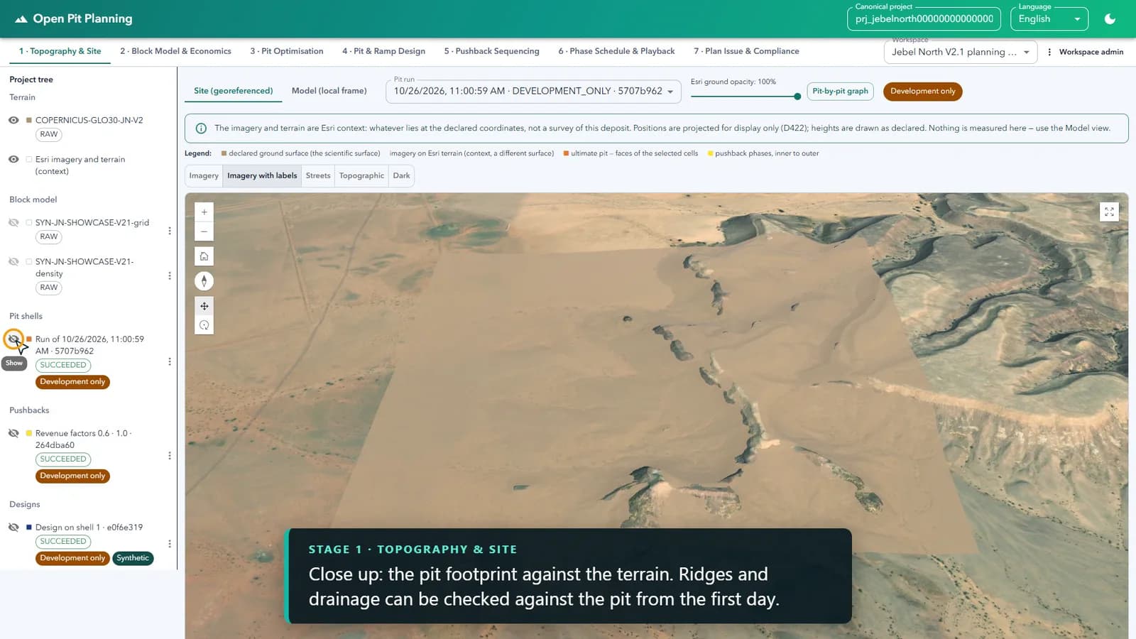 Open Pit Planning site view with the pit footprint over satellite terrain imagery.