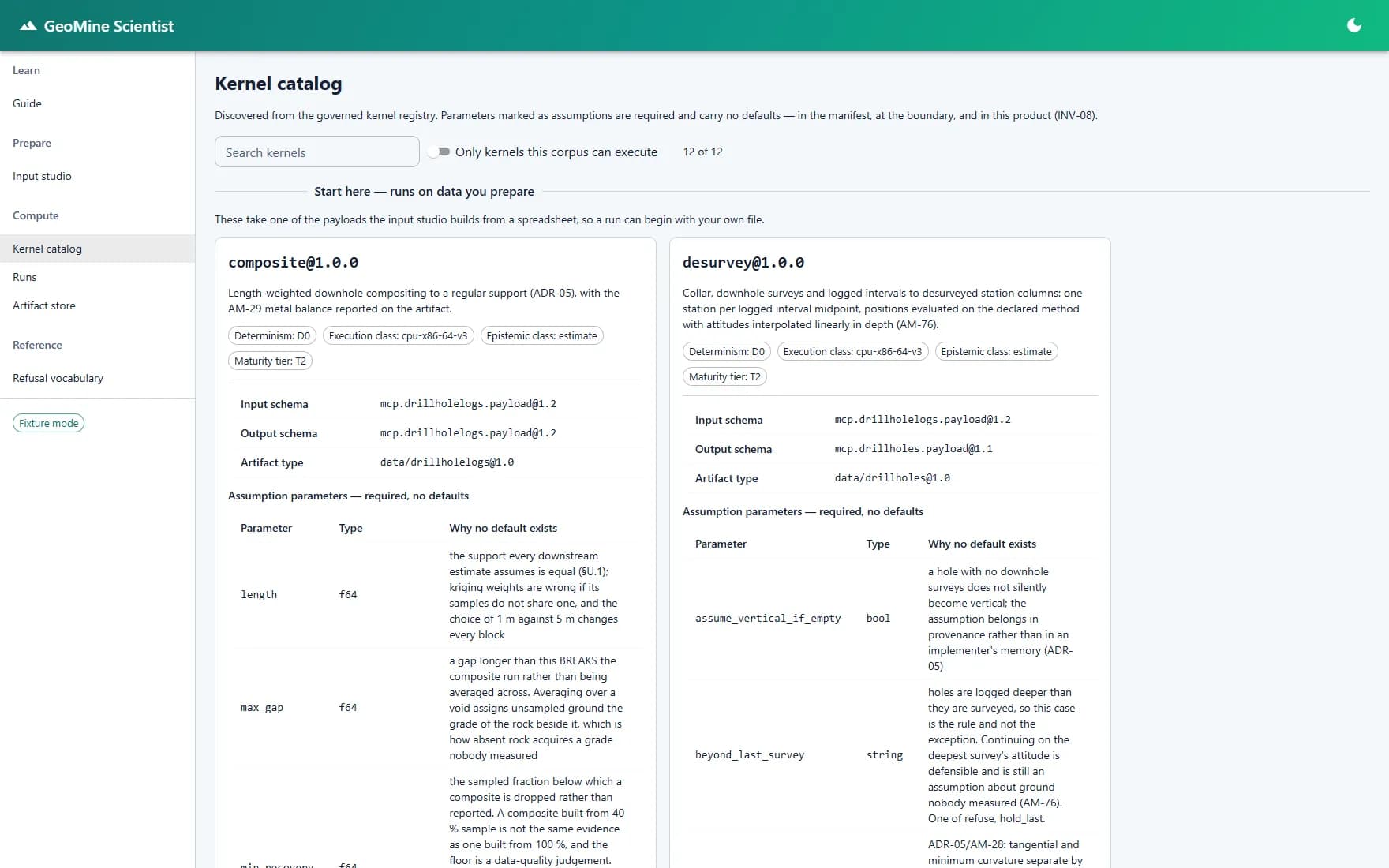 GeoMine Scientist kernel catalog listing governed mining compute kernels with determinism and schema metadata.