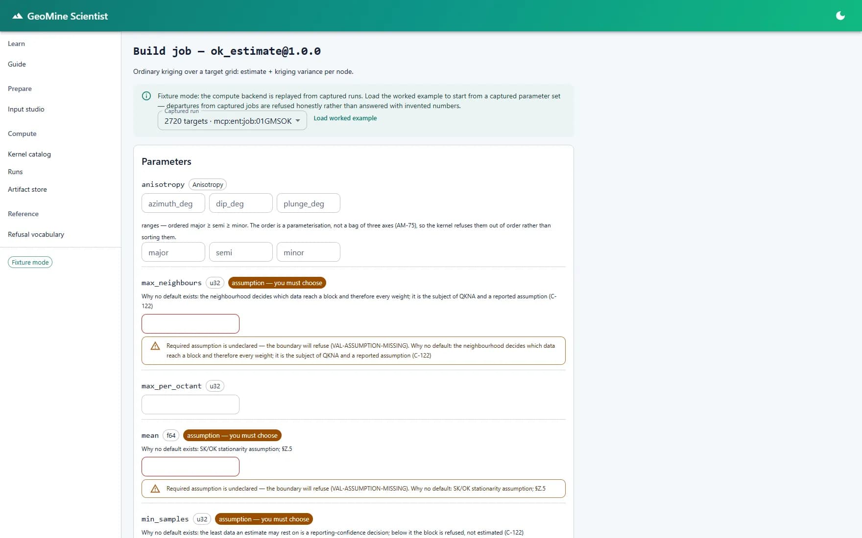 GeoMine Scientist job builder for ordinary kriging showing required assumption parameters with no defaults.