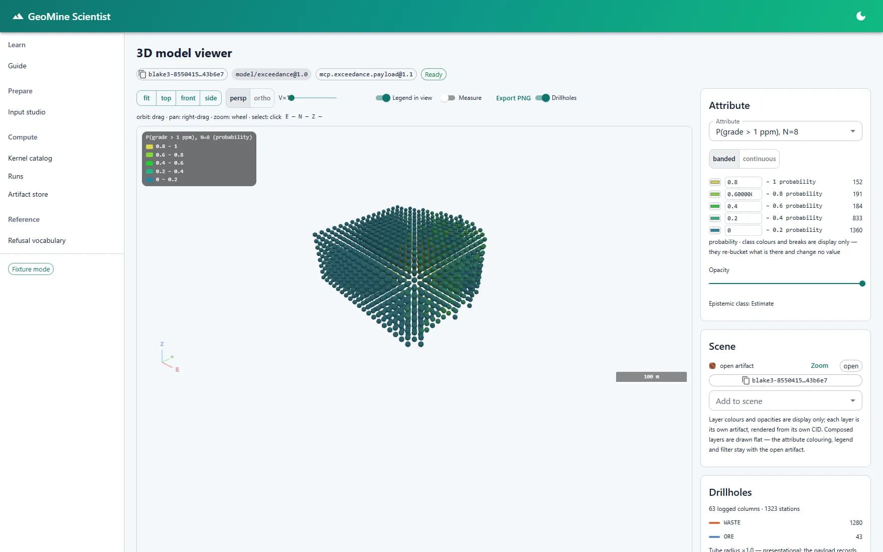 GeoMine Scientist 3D exceedance probability model showing probability of exceeding a grade cut-off.