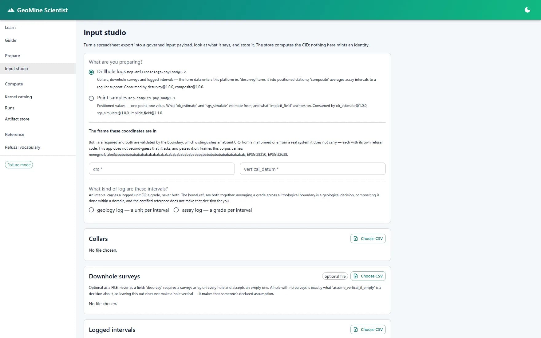 GeoMine Scientist input studio for preparing content-addressed sample payloads.