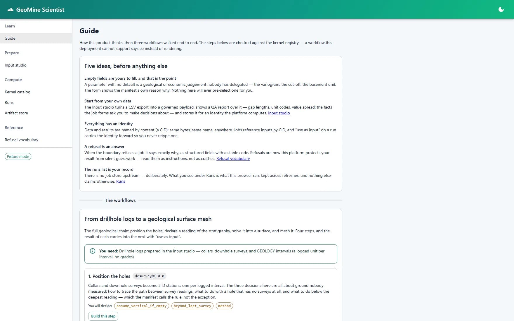 GeoMine Scientist in-app guide explaining kernels, artifacts, and provenance vocabulary.
