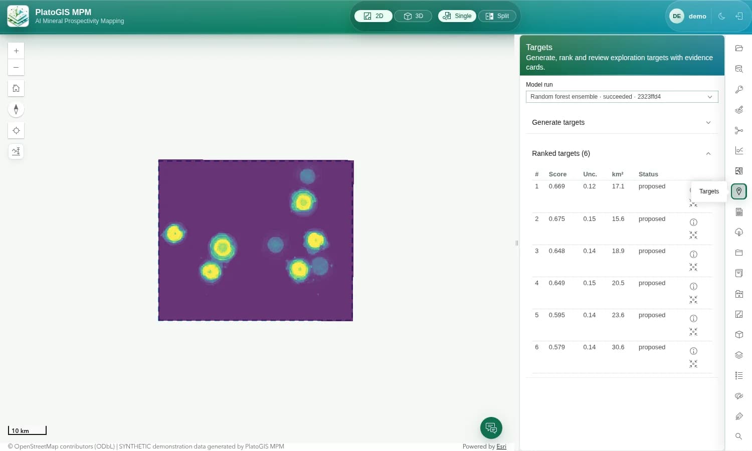 Mineral Prospectivity application showing a prospectivity heat map and a ranked targets table.