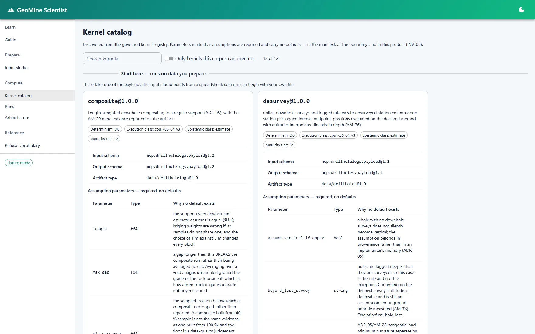 GeoMine Scientist kernel catalog listing governed mining compute kernels with determinism and schema metadata.