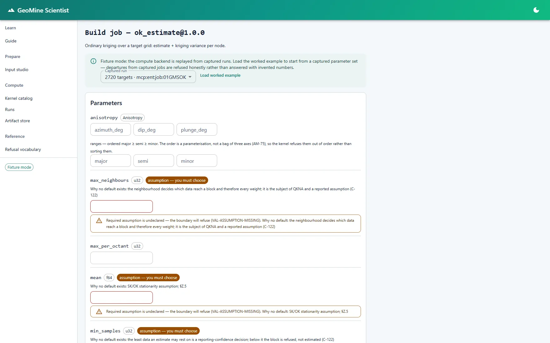 GeoMine Scientist job builder for ordinary kriging showing required assumption parameters with no defaults.