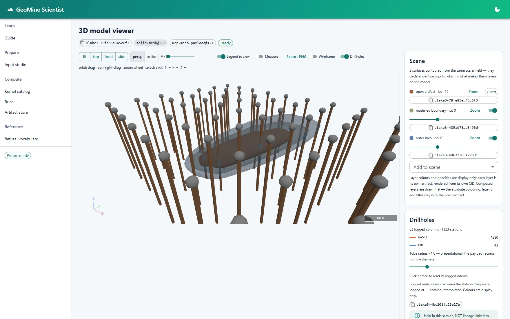 GeoMine Scientist 3D scene showing nested isosurface grade shells with drillhole traces.