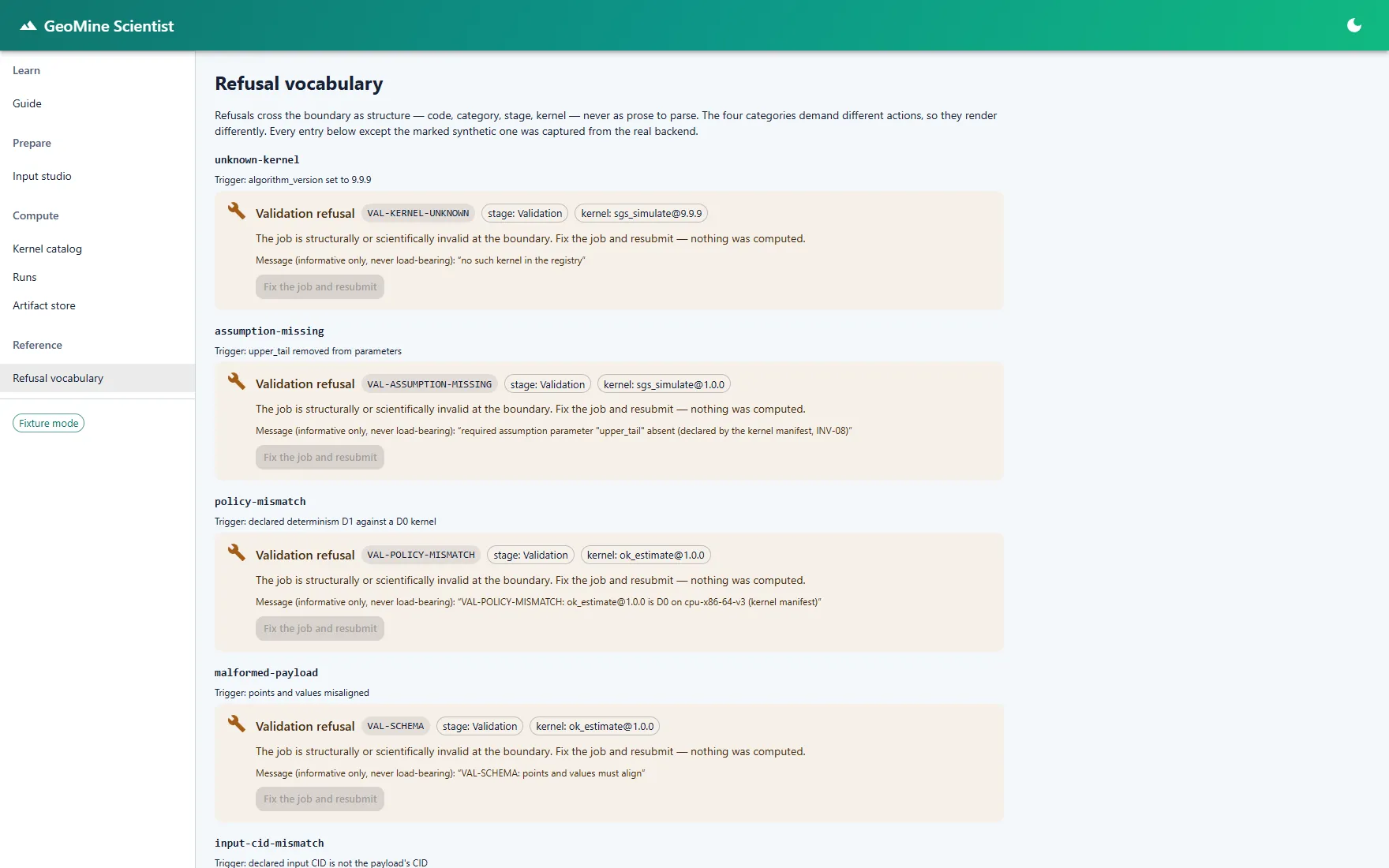 GeoMine Scientist refusal vocabulary showing structured validation refusal codes, categories, and stages.