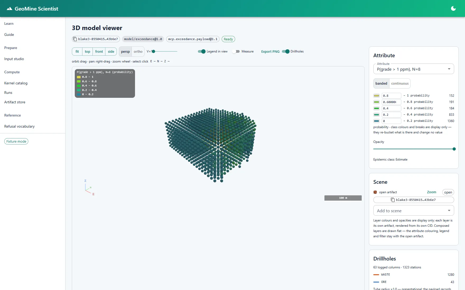 GeoMine Scientist 3D exceedance probability model showing probability of exceeding a grade cut-off.