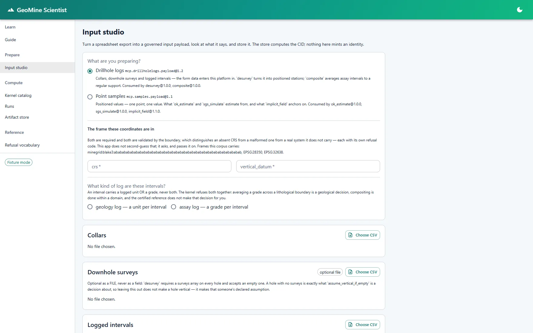 GeoMine Scientist input studio for preparing content-addressed sample payloads.