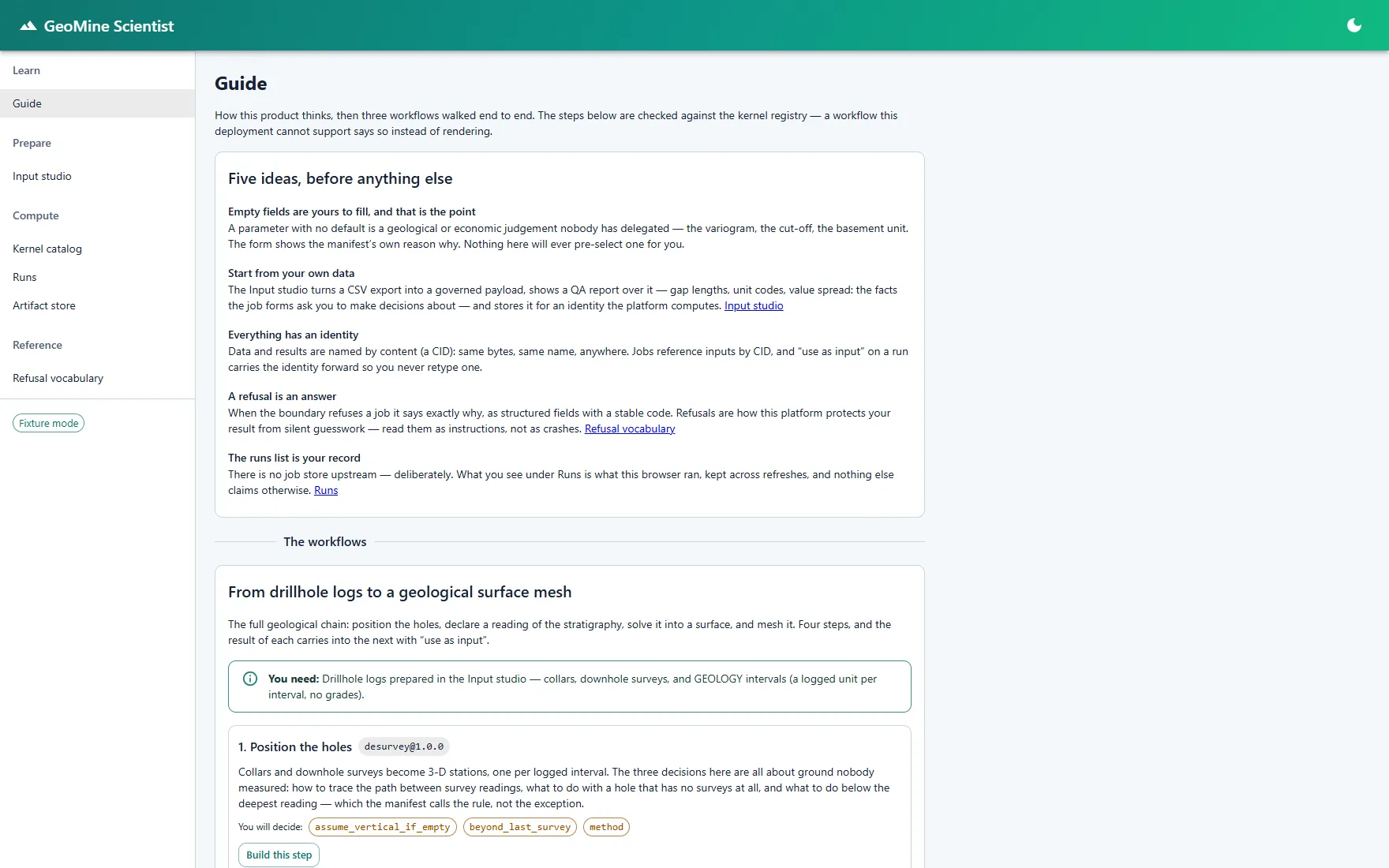 GeoMine Scientist in-app guide explaining kernels, artifacts, and provenance vocabulary.