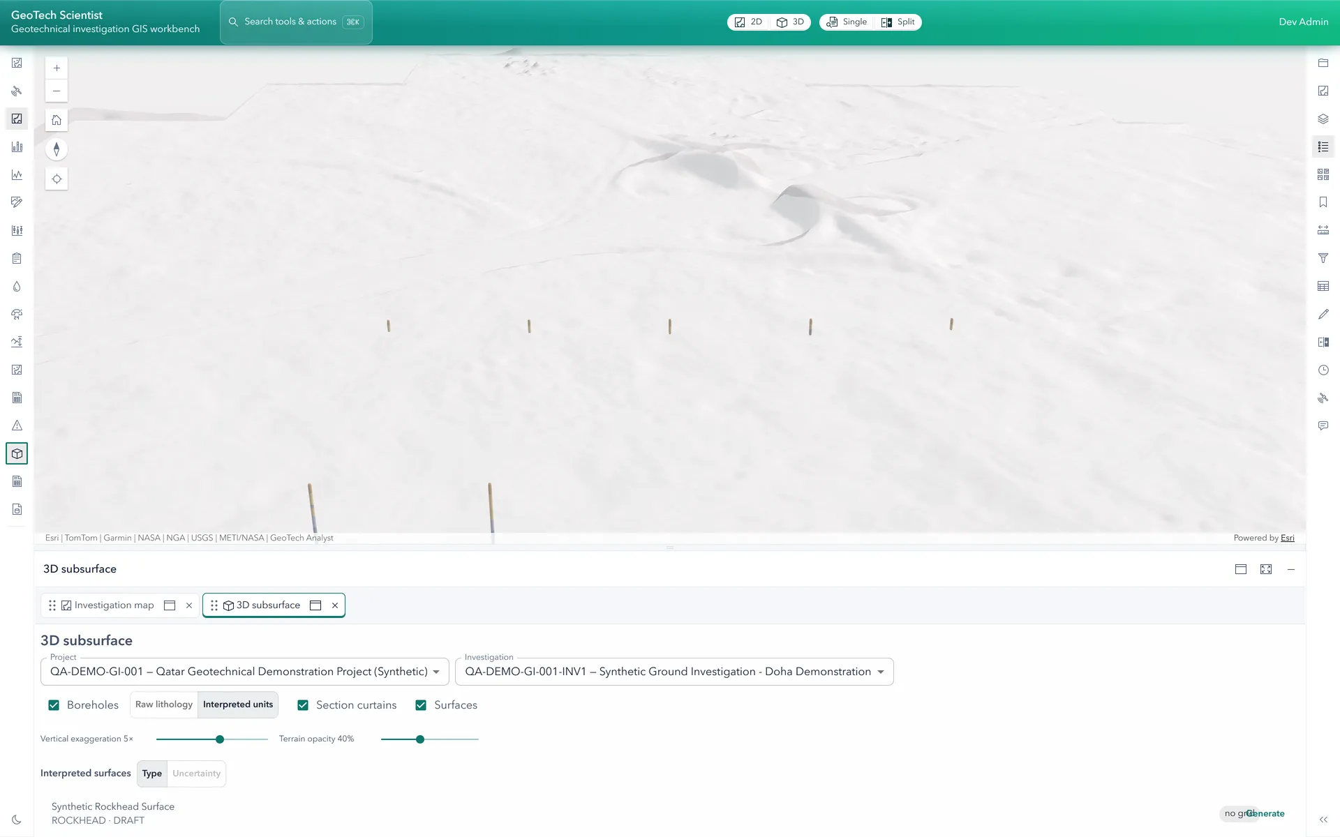 GeoTech Scientist 3D subsurface view with boreholes and lithology in a terrain scene.