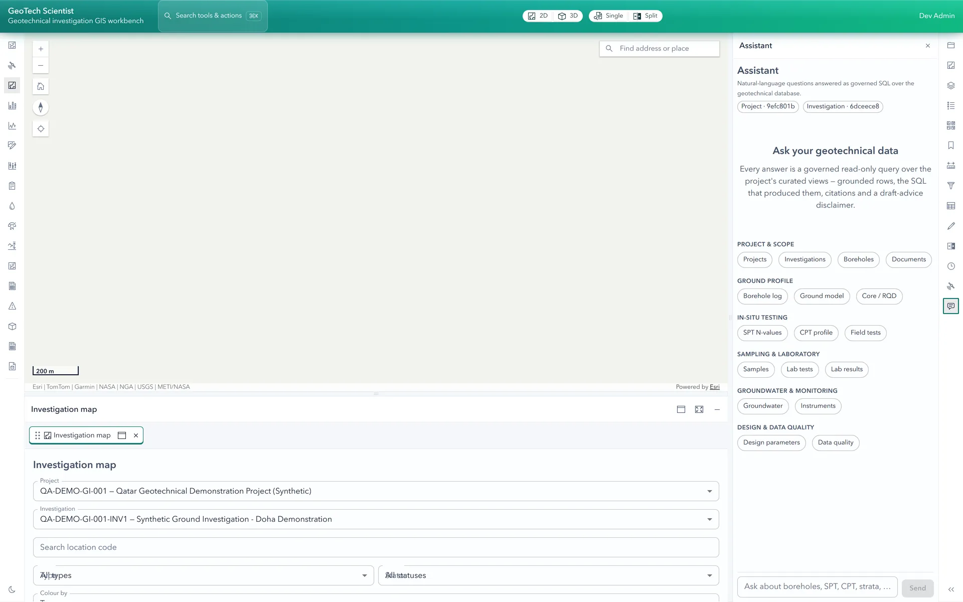 GeoTech Scientist assistant with scoped question categories over project geotechnical data.